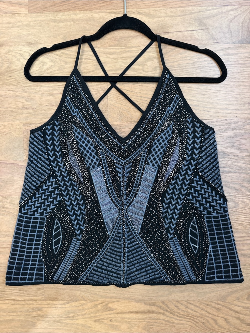 Embellished Black Strappy V-Neck Tank Top
